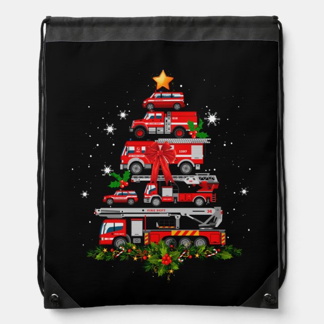 Firefighter Fire Truck Christmas Tree Lights Santa Drawstring Bag (Front)