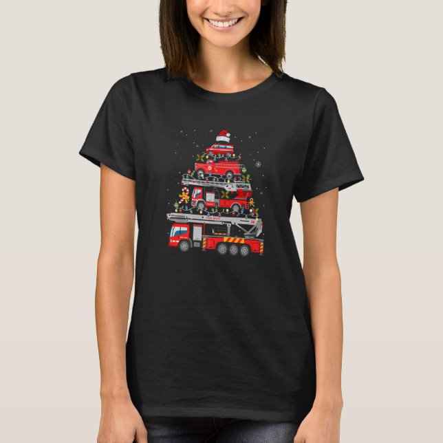 Firefighter Fire Truck Christmas Tree Lights Santa T-Shirt (Front)
