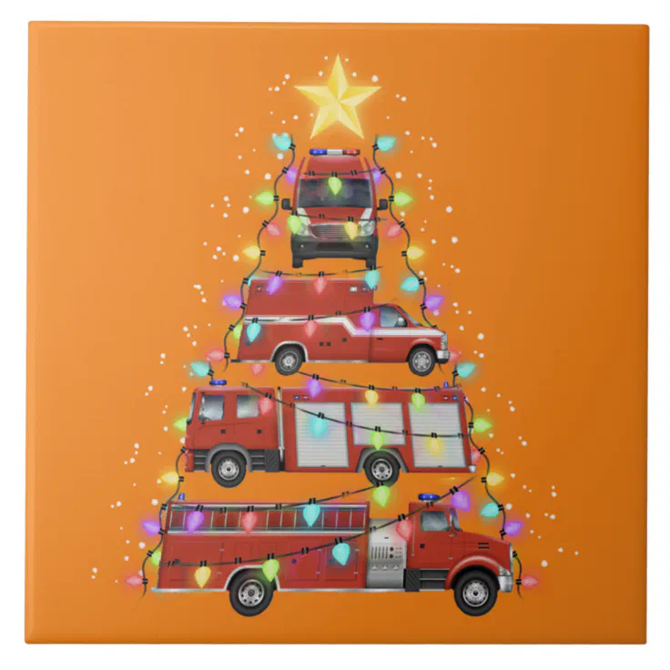 Firefighter Fire Truck Christmas Tree Santa Xmas Ceramic Tile | Zazzle