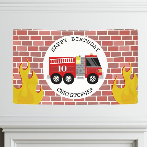 Firefighter Fire Truck Flames Brick Birthday Banner