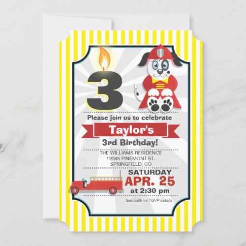 Firefighter Fire Truck Kids Birthday Party Invitation