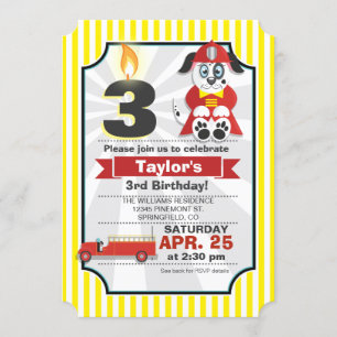 Firefighter, Fire Truck Kids Birthday Party Invitation