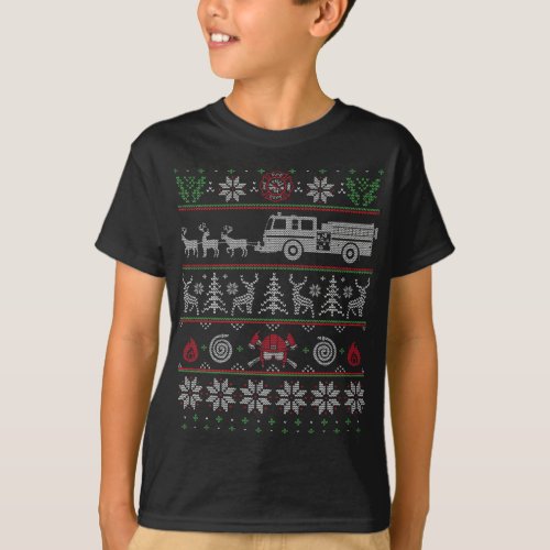 Firefighter Fire Truck Pulled by Reindeer Ugly Chr T_Shirt