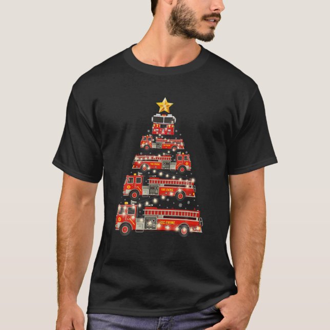 Firefighter Fire Truck Tree Xmas Christmas Pajamas T-Shirt (Front)