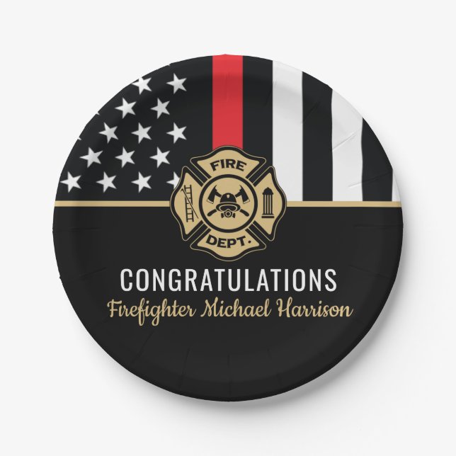 Firefighter Fireman Thin Red Line Graduation Paper Plates (Front)