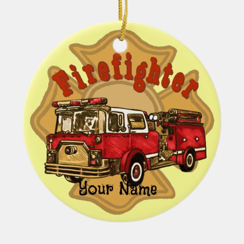 Firefighter Firetruck Ceramic Ornament