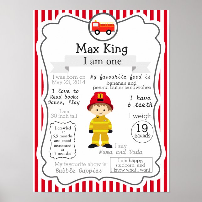 Firefighter First Birthday poster for a boy (Front)