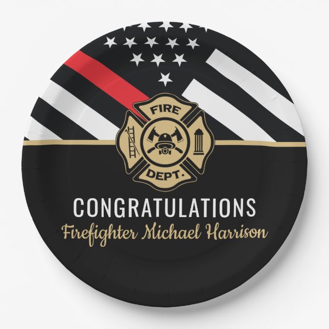 Firefighter Flag Fire Academy Graduation Red Line Paper Plates (Front)