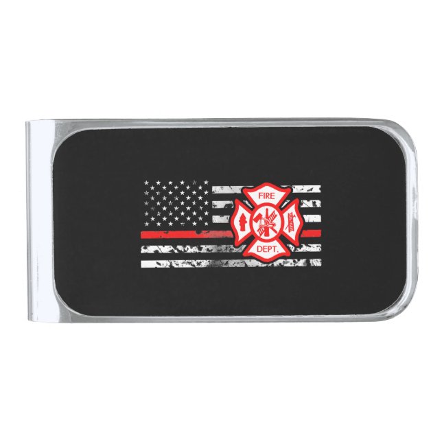 Firefighter Flag & Florian Cross Silver Finish Money Clip (Front)
