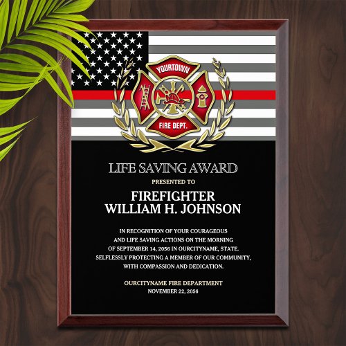 Firefighter Flag Life Saving  Award Plaque