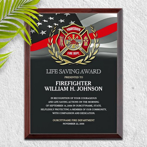 Firefighter Flag Life Saving  Award Plaque