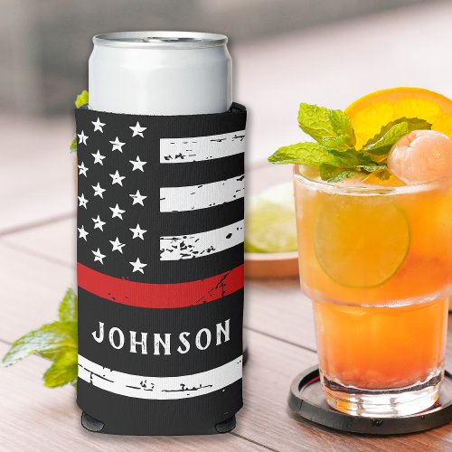 Firefighter Flag Personalized Thin Red Line Seltzer Can Cooler