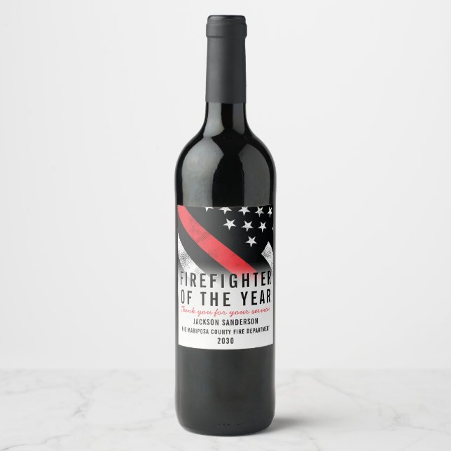 Firefighter Flag Red Line Employee Recognition Wine Label (Front)