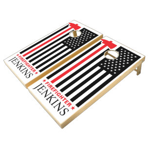 Firefighter Flag Thin Red Line Axe Cornhole Set