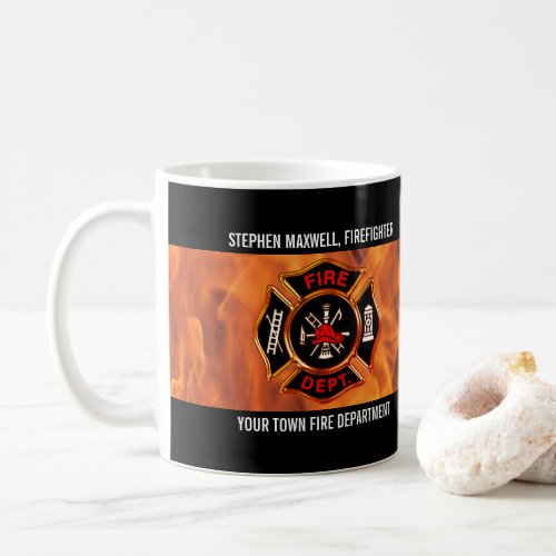 Firefighter Flames Emblem Name and Department Coffee Mug