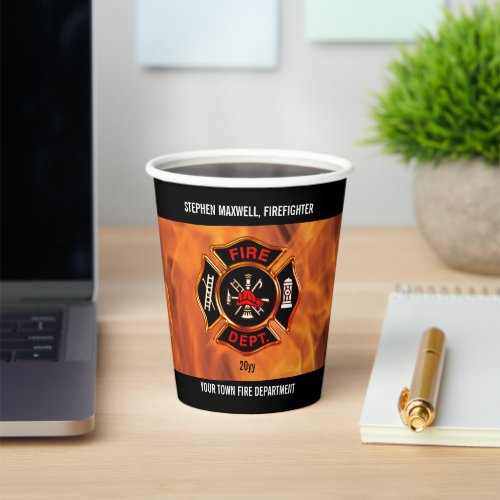 Firefighter Flames Emblem Name and Department Paper Cups