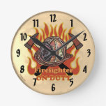 Firefighter Flames On Duty Round Clock