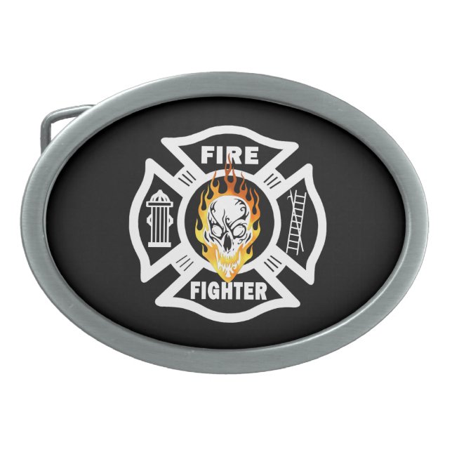 Firefighter Flaming Skull Belt Buckle (Front)