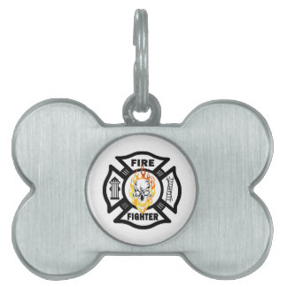 Firefighter Flaming Skull Pet Name Tag