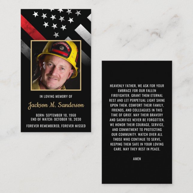 Firefighter Funeral Memorial Photo Prayer Card (Front/Back)