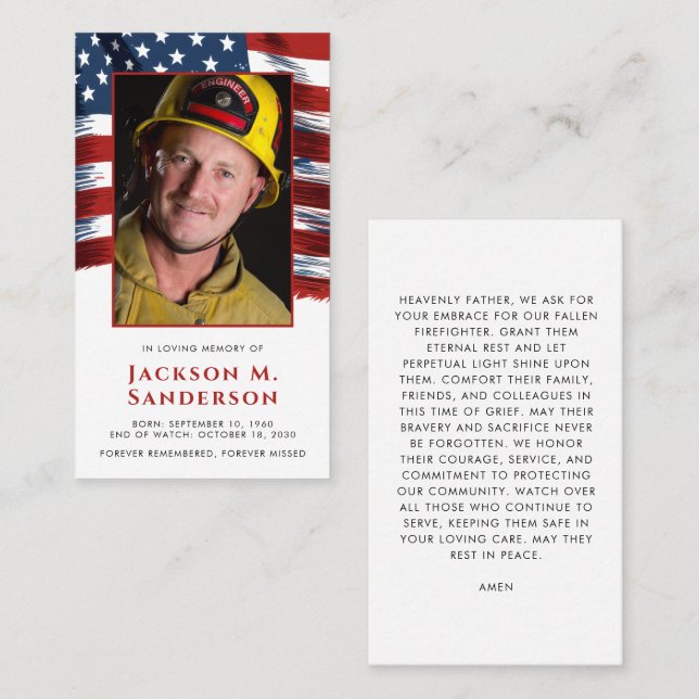 Firefighter Funeral Patriotic Photo Prayer Card (Front/Back)