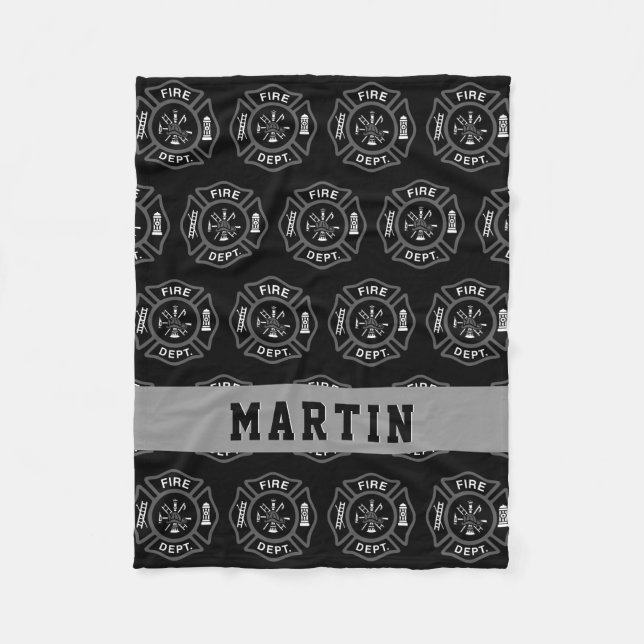Firefighter Gift Maltese Cross Name Black Gray Fleece Blanket (Front)