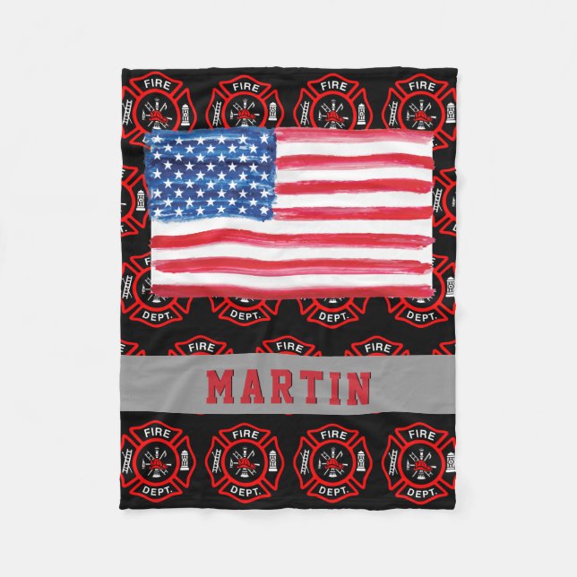 Firefighter Gift Maltese Cross USA Flag Name Fleece Blanket (Front)