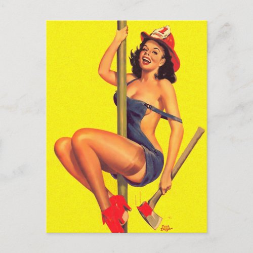Firefighter girl   Vintage pin up art postcard