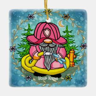 Firefighter gnome ceramic ornament