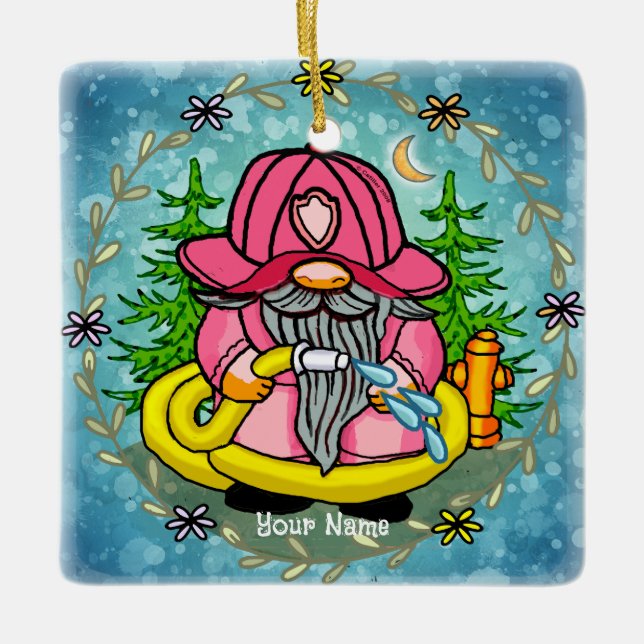 Firefighter gnome  ceramic ornament (Front)