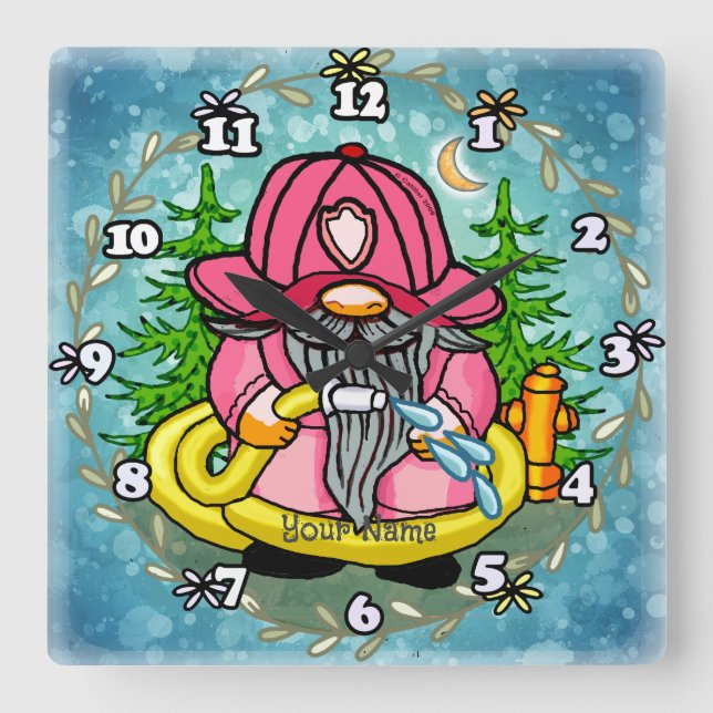 Firefighter gnome  square wall clock (Front)
