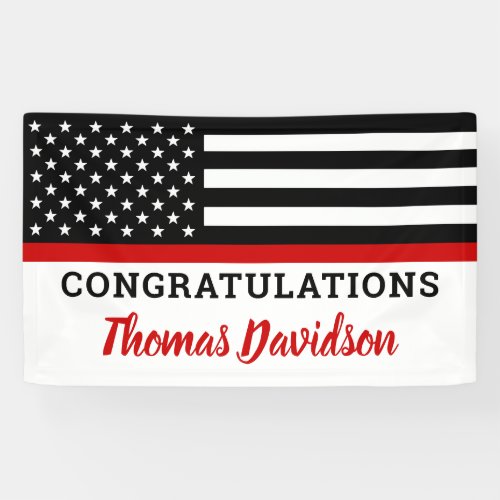 Firefighter Graduation Congrats Thin Red Line Banner - Add the finishing touch to your firefighter retirement or graduation party with these thin red line firefighter graduation banners and party supplies. USA American flag design in Firefighter Flag colors, distressed design. This firefighter graduation collection will be a favorite. See our thin red line collection for matching firefighter graduation invitations, firefighter gifts, party favors, and supplies. COPYRIGHT © 2020 Judy Burrows, Black Dog Art - All Rights Reserved. Firefighter Graduation Congrats Thin Red Line Banner 