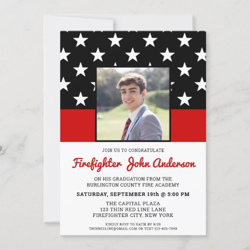 Firefighter Graduation Custom Photo Thin Red Line  Invitation - Celebrate your graduation and invite friends and family to your firefighter graduation party with this Thin Red Line Firefighter Graduation Invitation  - USA American flag design in Firefighter Flag colors , distressed design . Personalize with photo, name, address venue, and rsvp details. This firefighter graduation invitation can be used for firefighter retirement , simply change the text when personalizing.See our collection for matching fireman graduation gifts, party favors, and supplies. COPYRIGHT © 2020 Judy Burrows, Black Dog Art - All Rights Reserved. Firefighter Graduation Custom Photo Thin Red Line Invitation