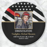 Firefighter Graduation Fire Academy Fireman Photo Paper Plates<br><div class="desc">This design features a firemen's flag with black and white stripes,  and a thin red line stripe as well. The details for the graduating firefighter sit below a picture of the new fire academy graduate.</div>