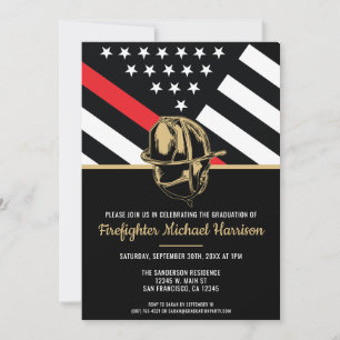 Firefighter Graduation Party Red Line Flag Fireman Invitation