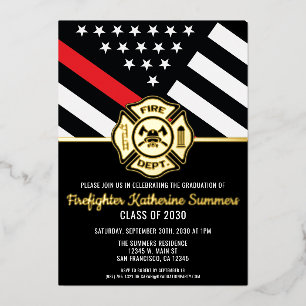  Firefighter Graduation Party Thin Red Line Flag Foil Invitation