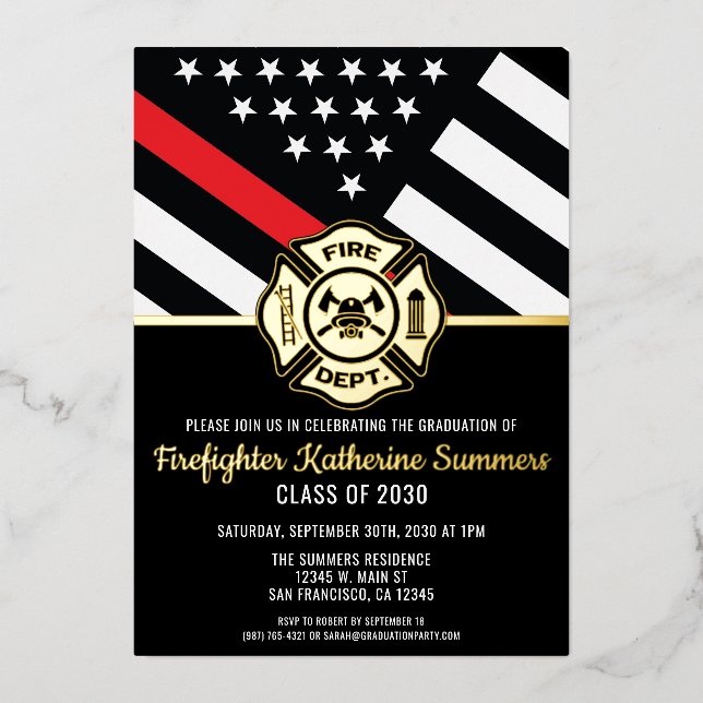  Firefighter Graduation Party Thin Red Line Flag Foil Invitation (Front)