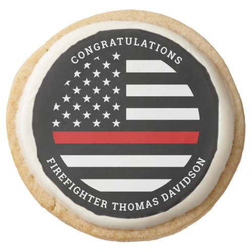 Firefighter Graduation Party Thin Red Line Flag Round Shortbread Cookie - Celebrate your firefighter and add the finishing touch to your firefighter graduation or retirement party with these Thin Red Line Firefighter Graduation Congratulations cookies  - USA American flag design in Firefighter Flag colors, modern design . Personalize with name. This firefighter graduation invitation collection will be a favorite. See our collection for matching fireman retirement invitations, party favors, and supplies. COPYRIGHT © 2020 Judy Burrows, Black Dog Art - All Rights Reserved. Firefighter Graduation Party Thin Red Line Flag Round Shortbread Cookie