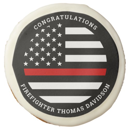 Firefighter Graduation Party Thin Red Line Flag Sugar Cookie - Celebrate your firefighter and add the finishing touch to your firefighter graduation or retirement party with these Thin Red Line Firefighter Graduation Congratulations cookies  - USA American flag design in Firefighter Flag colors, modern design . Personalize with name. This firefighter graduation invitation collection will be a favorite. See our collection for matching fireman retirement invitations, party favors, and supplies. COPYRIGHT © 2020 Judy Burrows, Black Dog Art - All Rights Reserved. Firefighter Graduation Party Thin Red Line Flag Sugar Cookie