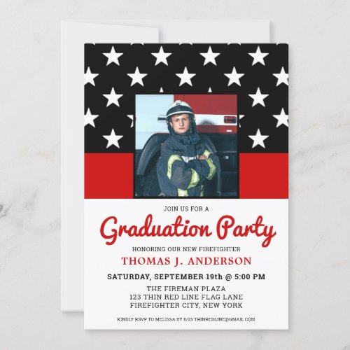 Firefighter Graduation Party Thin Red Line Photo Invitation - Celebrate your graduation and invite friends and family to your firefighter graduation party with this Thin Red Line Firefighter Graduation Invitation  - USA American flag design in Firefighter Flag colors , distressed design . Personalize with photo, name, address venue, and rsvp details. This firefighter graduation invitation can be used for firefighter retirement , simply change the text when personalizing.See our collection for matching fireman graduation gifts, party favors, and supplies. COPYRIGHT © 2020 Judy Burrows, Black Dog Art - All Rights Reserved. Firefighter Graduation Party Thin Red Line Photo Invitation 