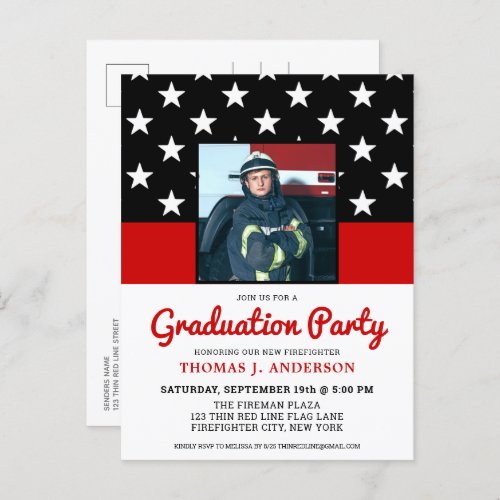 Firefighter Graduation Party Thin Red Line Photo Invitation Postcard - Celebrate your graduation and invite friends and family to your firefighter graduation party with this Thin Red Line Firefighter Graduation Invitation  - USA American flag design in Firefighter Flag colors , distressed design . Personalize with photo, name, address venue, and rsvp details. This firefighter graduation invitation can be used for firefighter retirement , simply change the text when personalizing.See our collection for matching fireman graduation gifts, party favors, and supplies. COPYRIGHT © 2020 Judy Burrows, Black Dog Art - All Rights Reserved. Firefighter Graduation Party Thin Red Line Photo Invitation Postcard