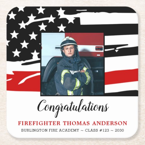 Firefighter Graduation Party Thin Red Line Photo Square Paper Coaster