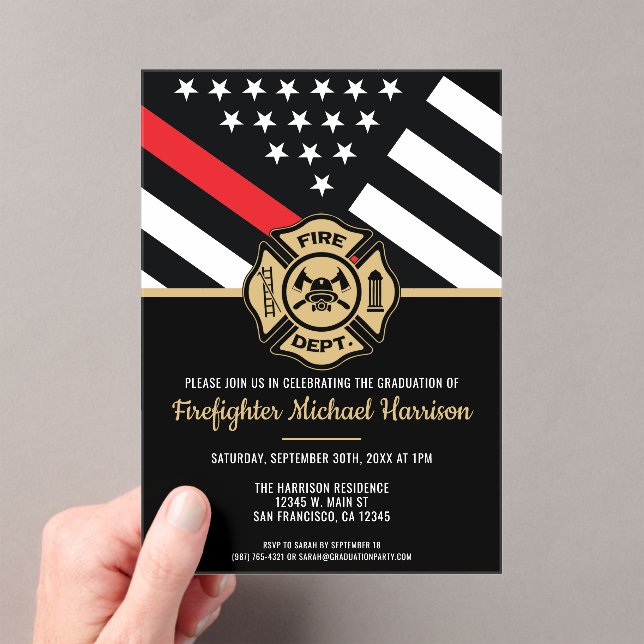 Firefighter Graduation Red Line Flag Fireman Acrylic Invitations (Insitu (Handheld))