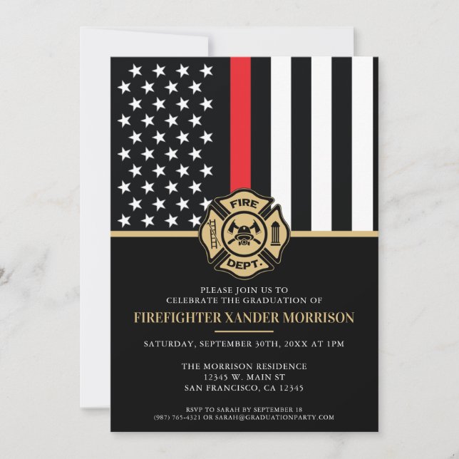 Firefighter Graduation Red Line Flag Fireman Invitation (Front)
