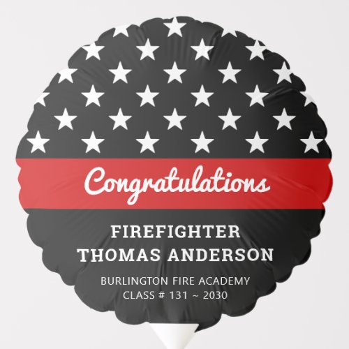 Firefighter Graduation Thin Red Line Party Balloon - Add the finishing touch to your firefighter retirement or graduation party with these thin red line modern firefighter party balloon and party supplies. USA American flag design in firefighter flag colors, modern black red white design . This fire academy graduation collection will be a favorite. See our thin red line collection for matching firefighter retirement invitations, firefighter gifts, party favors, and supplies. COPYRIGHT © 2020 Judy Burrows, Black Dog Art - All Rights Reserved. Firefighter Graduation Thin Red Line Party Balloon
