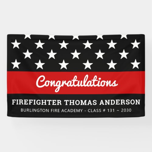 Firefighter Graduation Thin Red Line Party Banner - Add the finishing touch to your firefighter retirement or graduation party with these thin red line modern firefighter party banner and party supplies. USA American flag design in firefighter flag colors, modern black red white design . This fire academy graduation collection will be a favorite. See our thin red line collection for matching firefighter retirement invitations, firefighter gifts, party favors, and supplies. COPYRIGHT © 2020 Judy Burrows, Black Dog Art - All Rights Reserved. Firefighter Graduation Thin Red Line Party Banner 