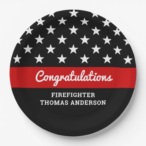 Firefighter Graduation Thin Red Line Party Paper Plates - Add the finishing touch to your firefighter retirement or graduation party with these thin red line modern firefighter party paper plates and party supplies. USA American flag design in firefighter flag colors, modern black red white design . This fire academy graduation collection will be a favorite. See our thin red line collection for matching firefighter retirement invitations, firefighter gifts, party favors, and supplies. COPYRIGHT © 2020 Judy Burrows, Black Dog Art - All Rights Reserved. Firefighter Graduation Thin Red Line Party Paper Plates