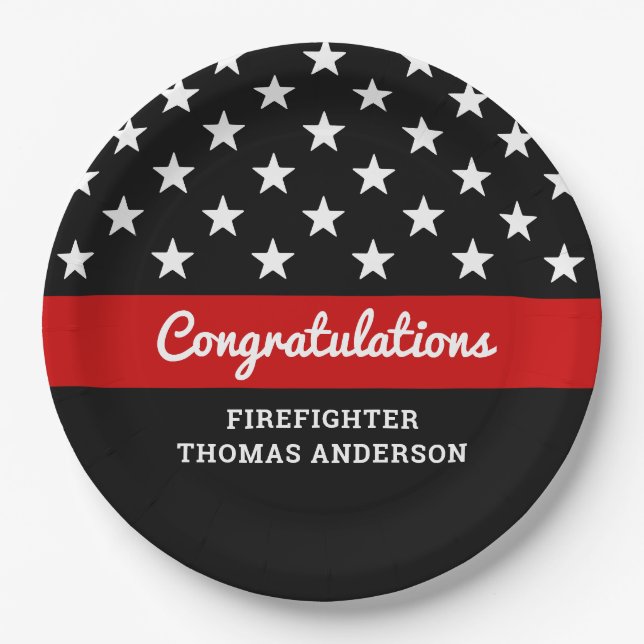 Firefighter Graduation Thin Red Line Party Paper Plates (Front)