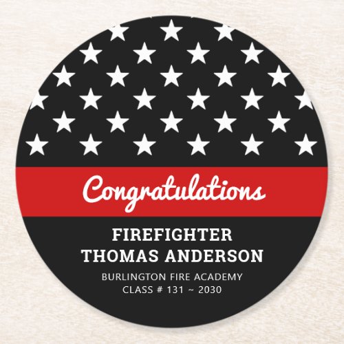 Firefighter Graduation Thin Red Line Party Round Paper Coaster - Add the finishing touch to your firefighter retirement or graduation party with these thin red line modern firefighter party coaster and party supplies. USA American flag design in firefighter flag colors, modern black red white design . This fire academy graduation collection will be a favorite. See our thin red line collection for matching firefighter retirement invitations, firefighter gifts, party favors, and supplies. COPYRIGHT © 2020 Judy Burrows, Black Dog Art - All Rights Reserved. Firefighter Graduation Thin Red Line Party Round Paper Coaster