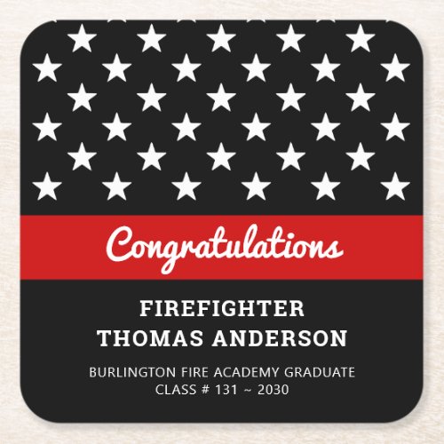 Firefighter Graduation Thin Red Line Party Square Paper Coaster - Add the finishing touch to your firefighter retirement or graduation party with these thin red line modern firefighter party coaster and party supplies. USA American flag design in firefighter flag colors, modern black red white design . This fire academy graduation collection will be a favorite. See our thin red line collection for matching firefighter retirement invitations, firefighter gifts, party favors, and supplies. COPYRIGHT © 2020 Judy Burrows, Black Dog Art - All Rights Reserved. Firefighter Graduation Thin Red Line Party Square Paper Coaster